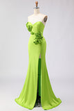 Vestido largo de flores 3D sin tirantes de sirena verde con abertura