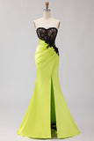 Vestido largo largo de graduación de perna Sirena negra verde con encaje aplicado y abertura
