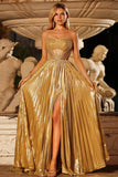 Vestido largo de graduación metálico dorado sin tirantes plisados con cuentas y corte largo