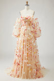 Vestido de graduación Champagne sin tirantes A Line 3D de talla grande con mangas desmontables