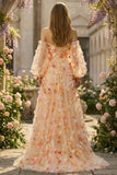 Vestido largo de graduación de tul sin tirantes A Line A con flores 3D