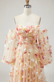 Vestido de graduación Champagne sin tirantes A Line 3D de talla grande con mangas desmontables