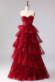 Vestido largo de graduación de lentejuelas con flecos y elegante princesa burdeos, adorno