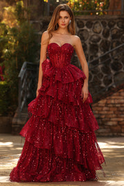 Vestido de baile largo de lentejuelas con flecos y elegante princesa burdeos