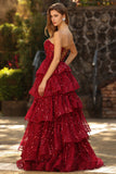 Vestido de baile largo de lentejuelas con flecos y elegante princesa burdeos