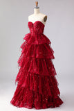 Vestido largo de graduación de lentejuelas con flecos y elegante princesa burdeos, adorno
