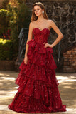 Vestido de baile largo de lentejuelas con flecos y elegante princesa burdeos