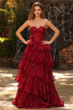 Vestido de baile largo de lentejuelas con flecos y elegante princesa burdeos