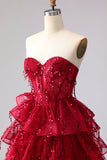 Vestido largo de graduación de lentejuelas con flecos y elegante princesa burdeos, adorno