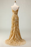 Vestido largo de fiesta con cuentas de sirena dorada con abertura
