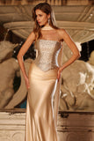 Vestido largo largo de graduación descapotable de dos piezas con cuentas sirena y champán sin tirantes
