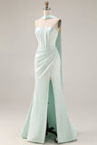 Vestido largo largo de corsé sirena sin tirantes verde claro con abertura lateral y bufanda al cuello