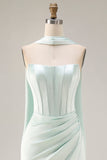 Vestido largo largo de corsé sirena sin tirantes verde claro con abertura lateral y bufanda al cuello