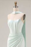 Vestido largo largo de corsé sirena sin tirantes verde claro con abertura lateral y bufanda al cuello