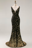 Vestido largo de fiesta con cuello en V de sirena dorada negra con espalda abierta y abertura