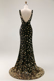 Vestido largo de fiesta con cuello en V de sirena dorada negra con espalda abierta y abertura