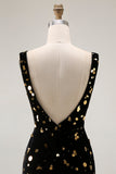 Vestido largo de fiesta con cuello en V de sirena dorada negra con espalda abierta y abertura