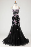 Corsé de sirena con flor rosa rosa brillante Vestido largo de graduación con encaje en la espalda