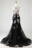 Corsé de sirena con flor rosa rosa brillante Vestido largo de graduación con encaje en la espalda