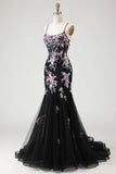 Corsé de sirena con flor rosa rosa brillante Vestido largo de graduación con encaje en la espalda