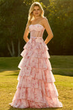 Corsé floral amarillo con cuentas y vestido largo de baile sin tirantes A Line con volantes