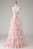 Vestido de graduación largo de graduación rosa sin tirantes florales de línea A con cuentas y pantalones