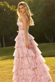 Corsé floral amarillo con cuentas y vestido largo de baile sin tirantes A Line con volantes