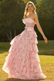 Corsé floral amarillo con cuentas y vestido largo de baile sin tirantes A Line con volantes