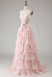 Vestido largo de graduación con corsé rosa floral sin tirantes y estampado de una línea A con volantes