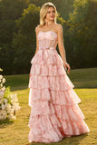 Corsé floral amarillo con cuentas y vestido largo de baile sin tirantes A Line con volantes