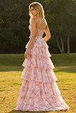 Corsé floral amarillo con cuentas y vestido largo de baile sin tirantes A Line con volantes