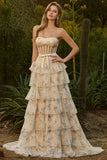 Corsé floral amarillo con cuentas y vestido largo de baile sin tirantes A Line con volantes
