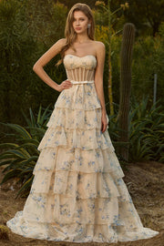 Corsé floral amarillo con cuentas y vestido largo de baile sin tirantes A Line con volantes