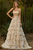 Corsé floral amarillo con cuentas y vestido largo de baile sin tirantes A Line con volantes