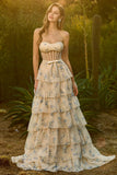 Corsé floral amarillo con cuentas y vestido largo de baile sin tirantes A Line con volantes