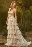 Corsé floral amarillo con cuentas y vestido largo de baile sin tirantes A Line con volantes