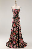 Vestido largo de fiesta con corsé sin tirantes de sirena floral en negro rosa con abertura