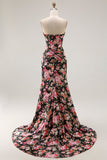 Vestido largo de fiesta con corsé sin tirantes de sirena floral en negro rosa con abertura