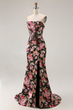 Vestido largo de fiesta con corsé sin tirantes de sirena floral en negro rosa con abertura