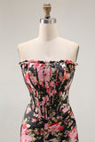 Vestido largo de fiesta con corsé sin tirantes de sirena floral en negro rosa con abertura