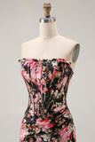 Vestido largo de fiesta con corsé sin tirantes de sirena floral en negro rosa con abertura