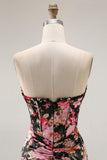 Vestido largo de fiesta con corsé sin tirantes de sirena floral en negro rosa con abertura