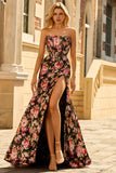 Vestido largo de fiesta con corsé sin tirantes de sirena floral en negro rosa con abertura