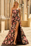 Vestido largo de fiesta con corsé sin tirantes de sirena floral en negro rosa con abertura