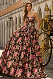 Vestido largo de graduación floral sin tirantes negro rosa con lazos