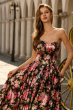 Vestido largo de graduación floral sin tirantes negro rosa con lazos