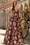 Vestido largo de graduación floral sin tirantes negro rosa con lazos