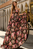 Vestido largo de graduación floral sin tirantes negro rosa con lazos