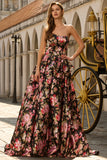 Vestido largo de graduación floral sin tirantes negro rosa con lazos