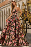 Vestido largo de graduación floral sin tirantes negro rosa con lazos
